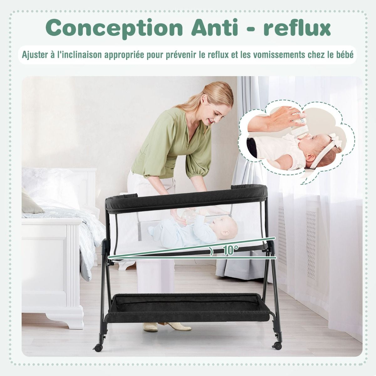 Lit Cododo Bébé Réglable 7 Positions avec Matelas, Roues et Rangement