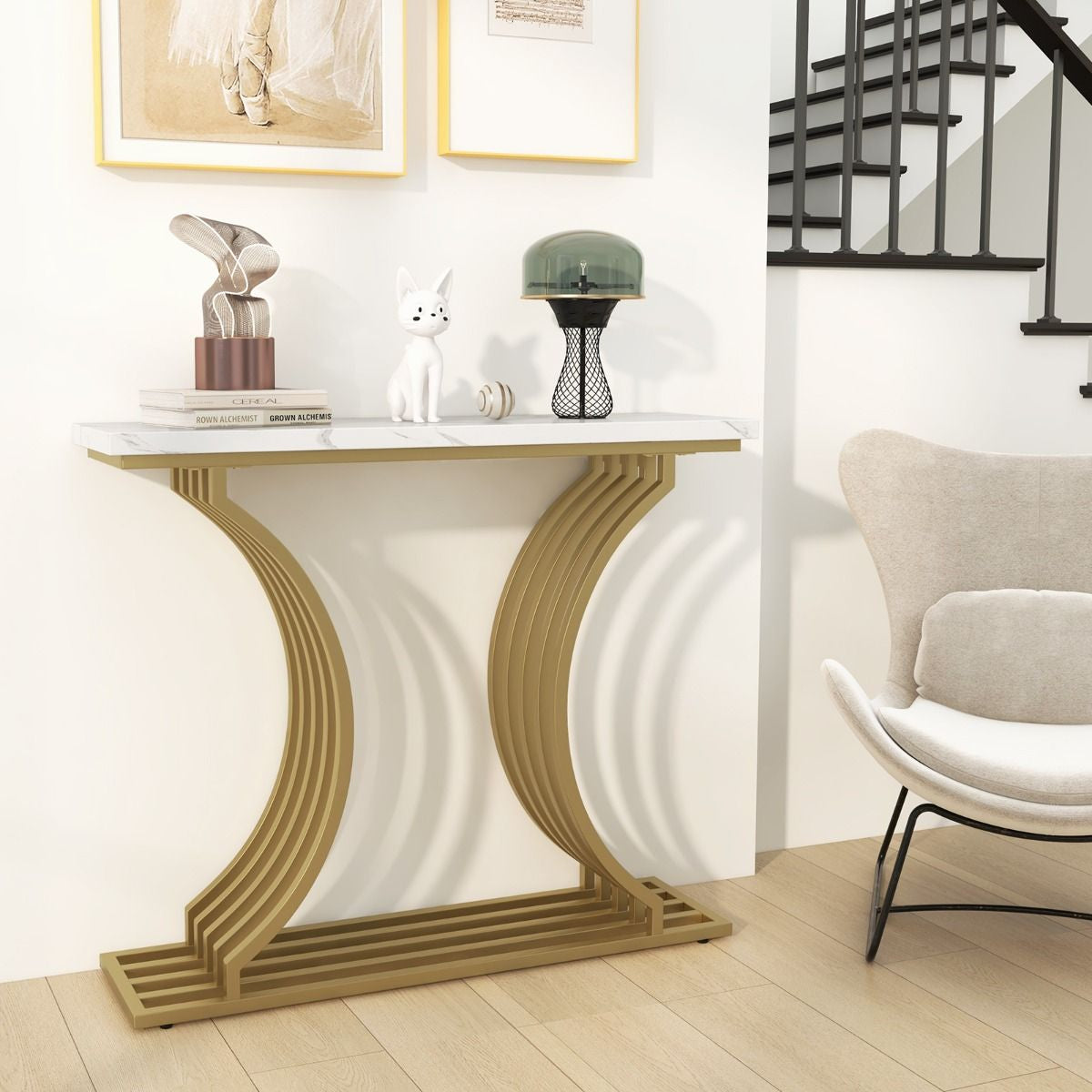 Table Console Marbre Cadre En Métal Doré 