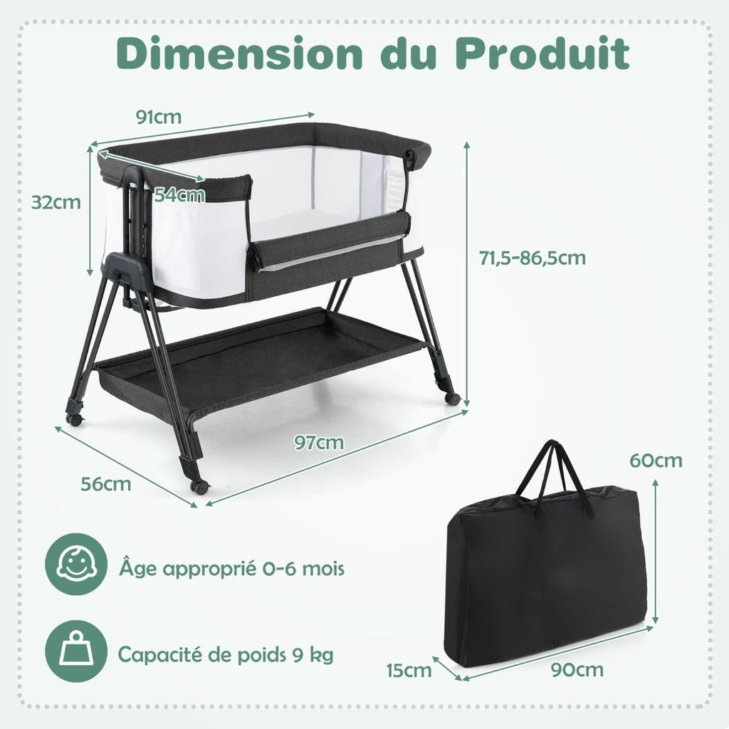 Lit Cododo Bébé Réglable 7 Positions avec Matelas, Roues et Rangement