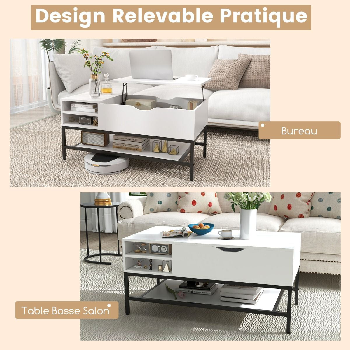 Table Basse Relevable avec Rangement – Design Industriel