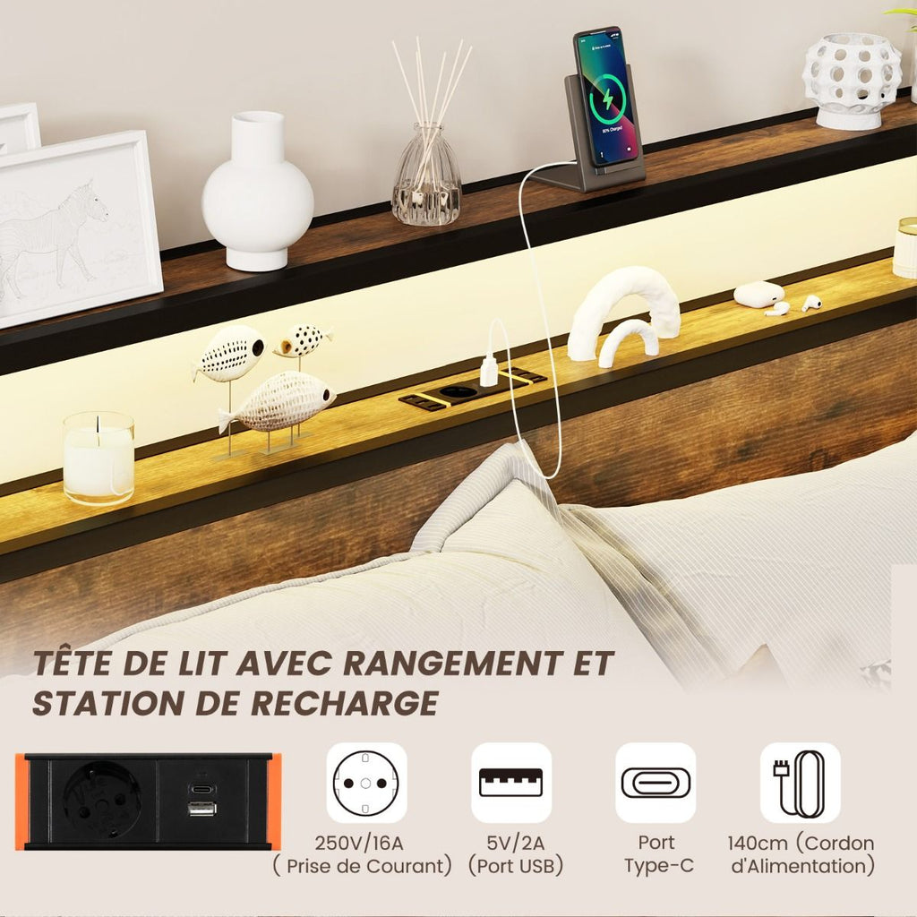 Lit LED avec 4 Tiroirs de Rangement et Station de Charge