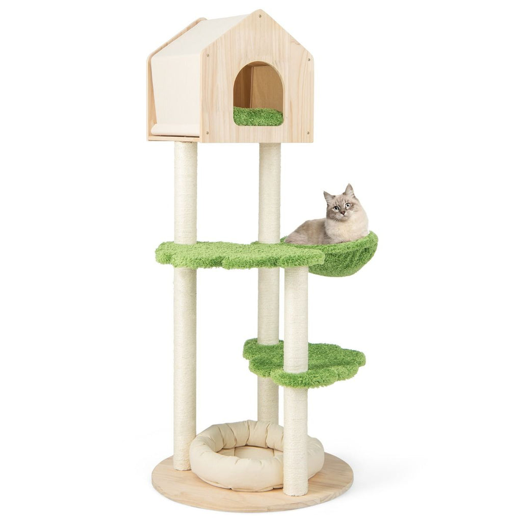 Arbre à chat multi-niveaux avec cabane, hamac et plateformes nuage