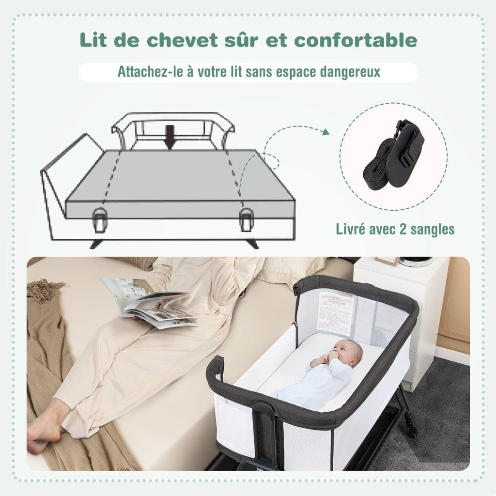Lit Cododo Bébé Réglable 7 Positions avec Matelas, Roues et Rangement