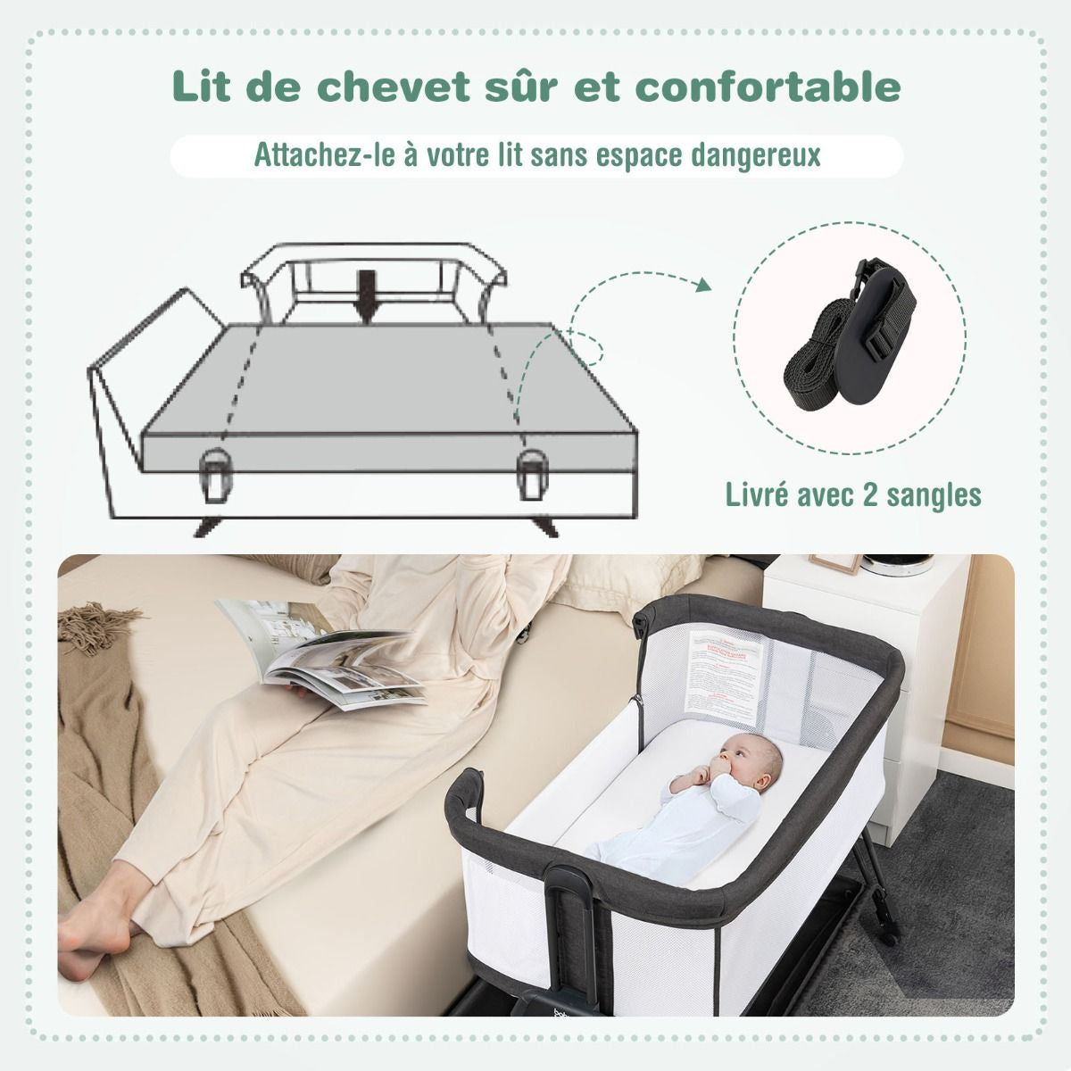 Lit Cododo Bébé Réglable 7 Positions avec Matelas, Roues et Rangement