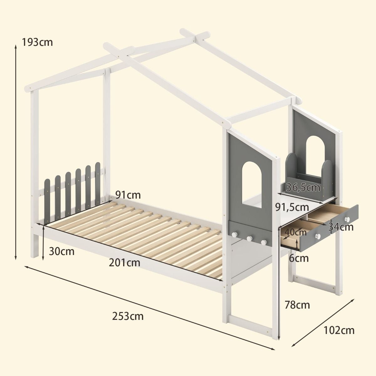 Lit Maison avec Bureau Intégré, Rangements et Tête de Lit Clôture