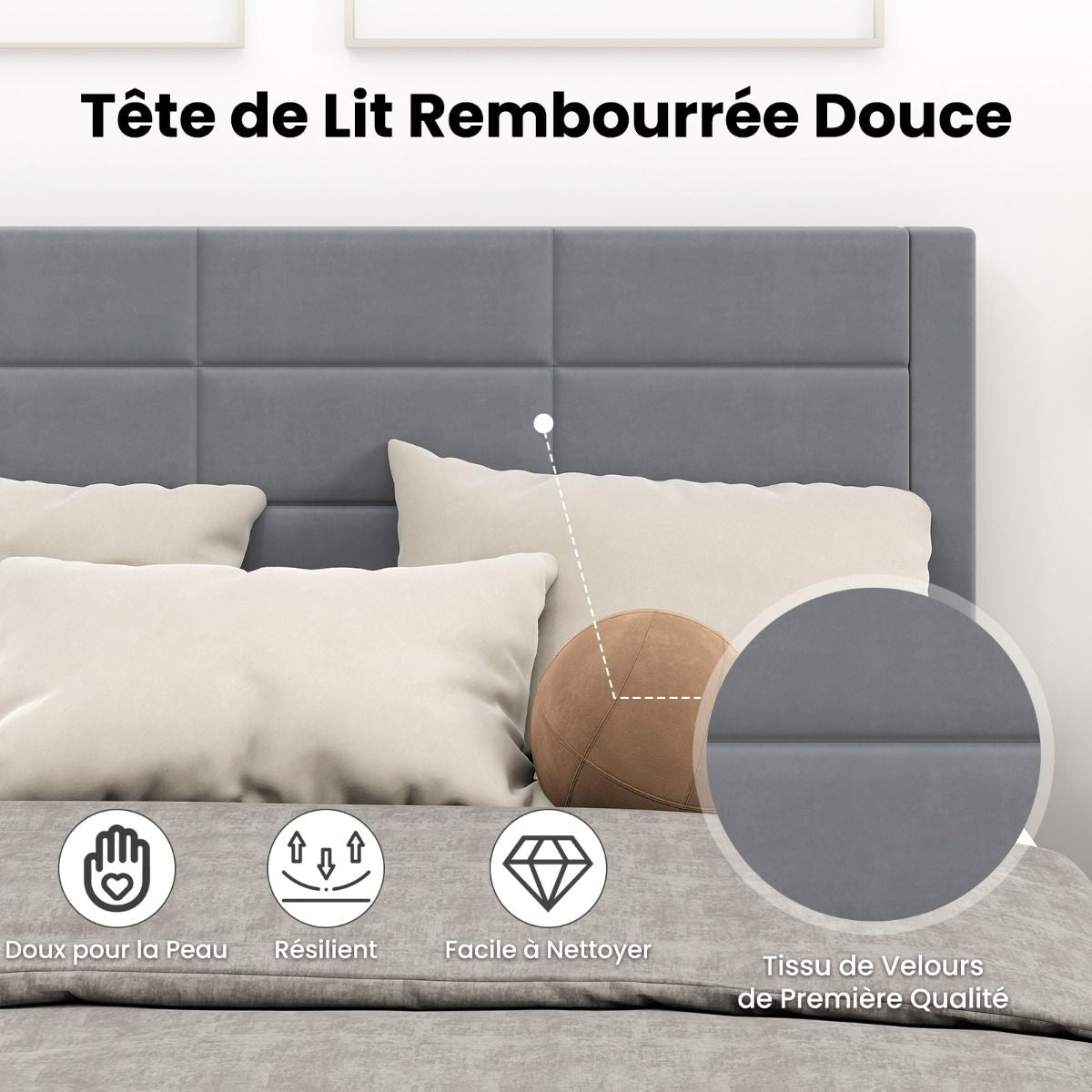 Lit Double Rembourré en Velours avec Tête de Lit