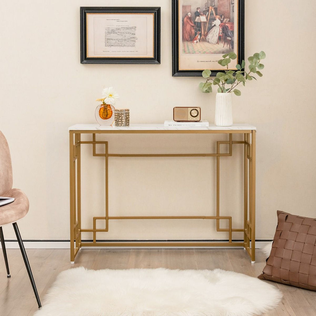 able Console en Faux Marbre Blanc et Métal Doré