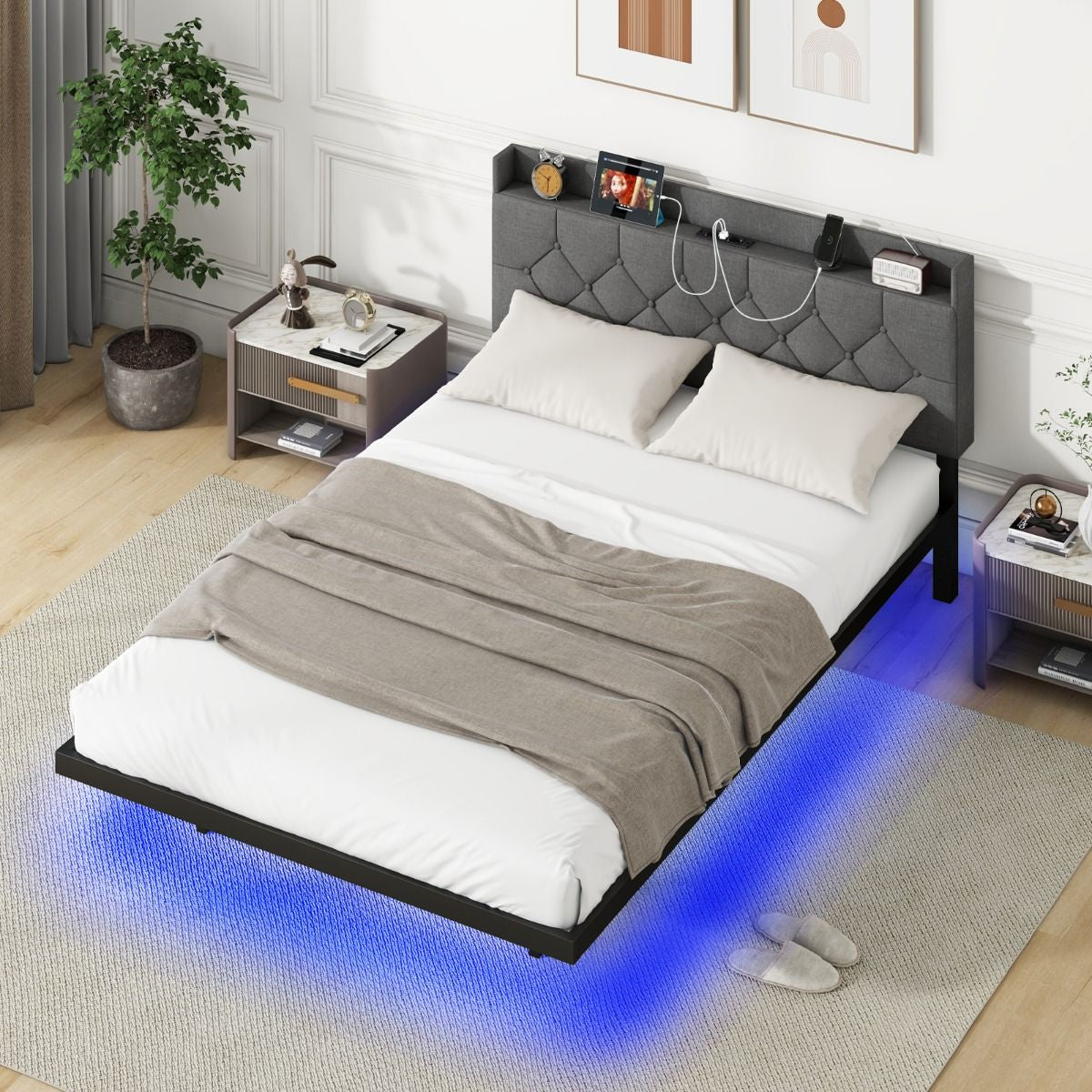 Lit Plateforme Flottant avec LED, Tête de Lit Rembourrée et Prises Intégrées