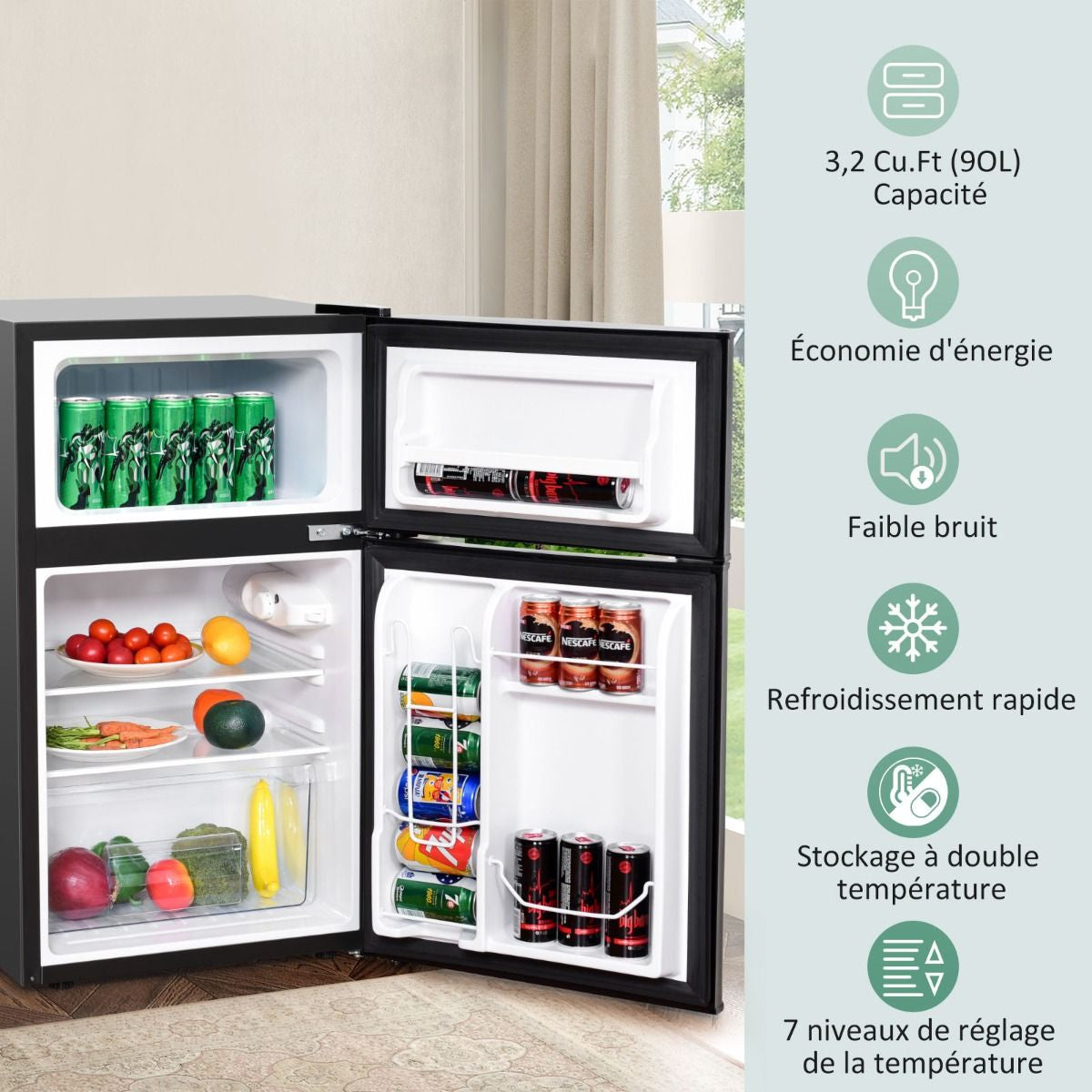 Réfrigérateur Compact 90 L à 2 Portes avec Congélateur Séparé