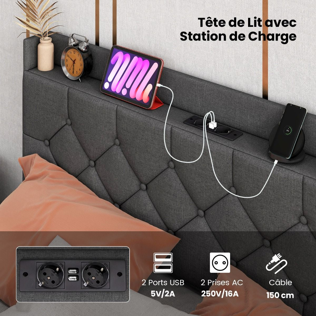 Lit Plateforme Flottant avec LED, Tête de Lit Rembourrée et Prises Intégrées