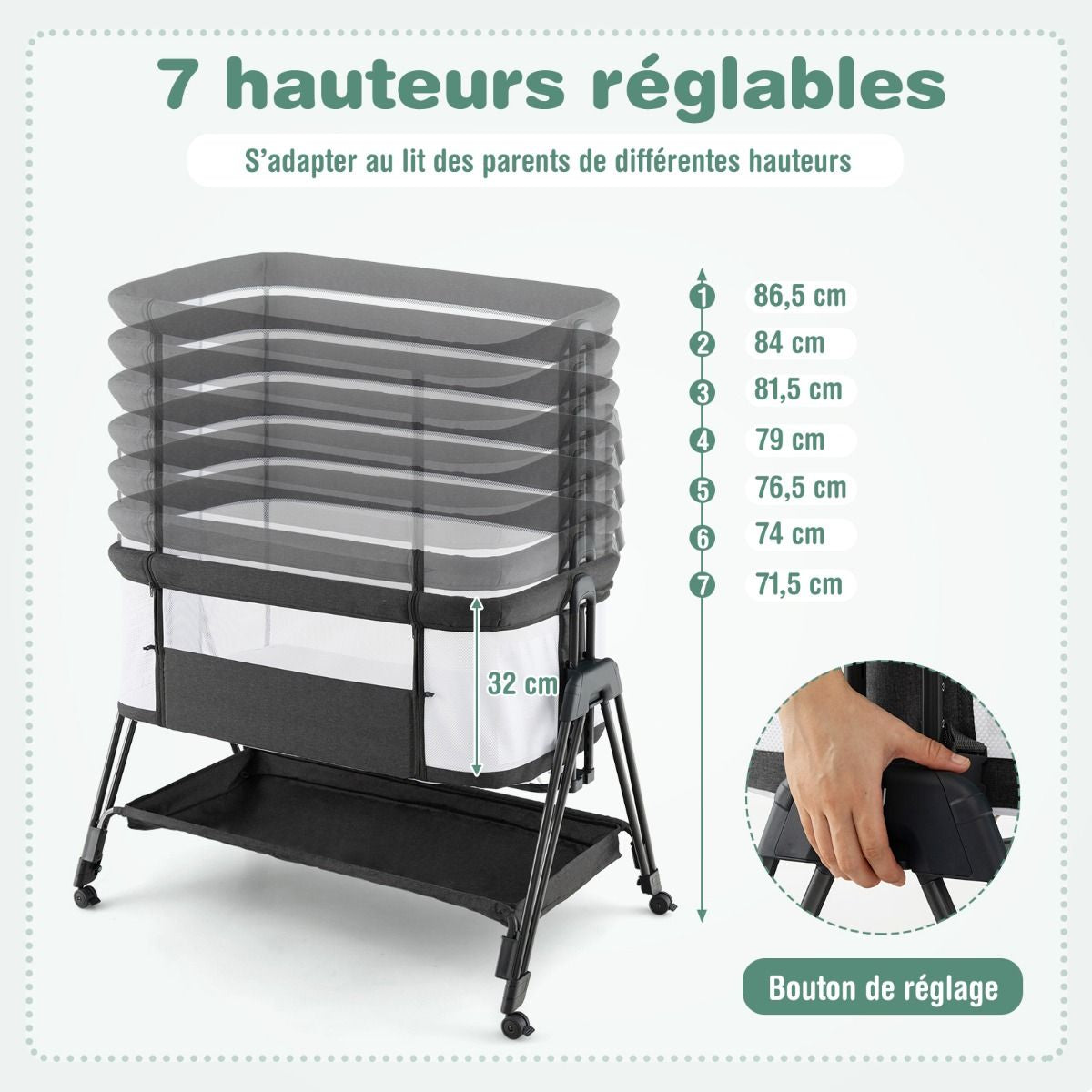 Lit Cododo Bébé Réglable 7 Positions avec Matelas, Roues et Rangement