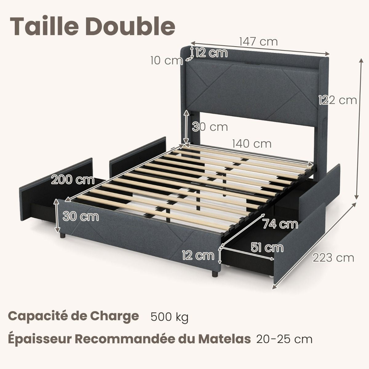 Lit Rembourré LED avec Tête de Lit à Ailes, Station de Charge et 4 Tiroirs