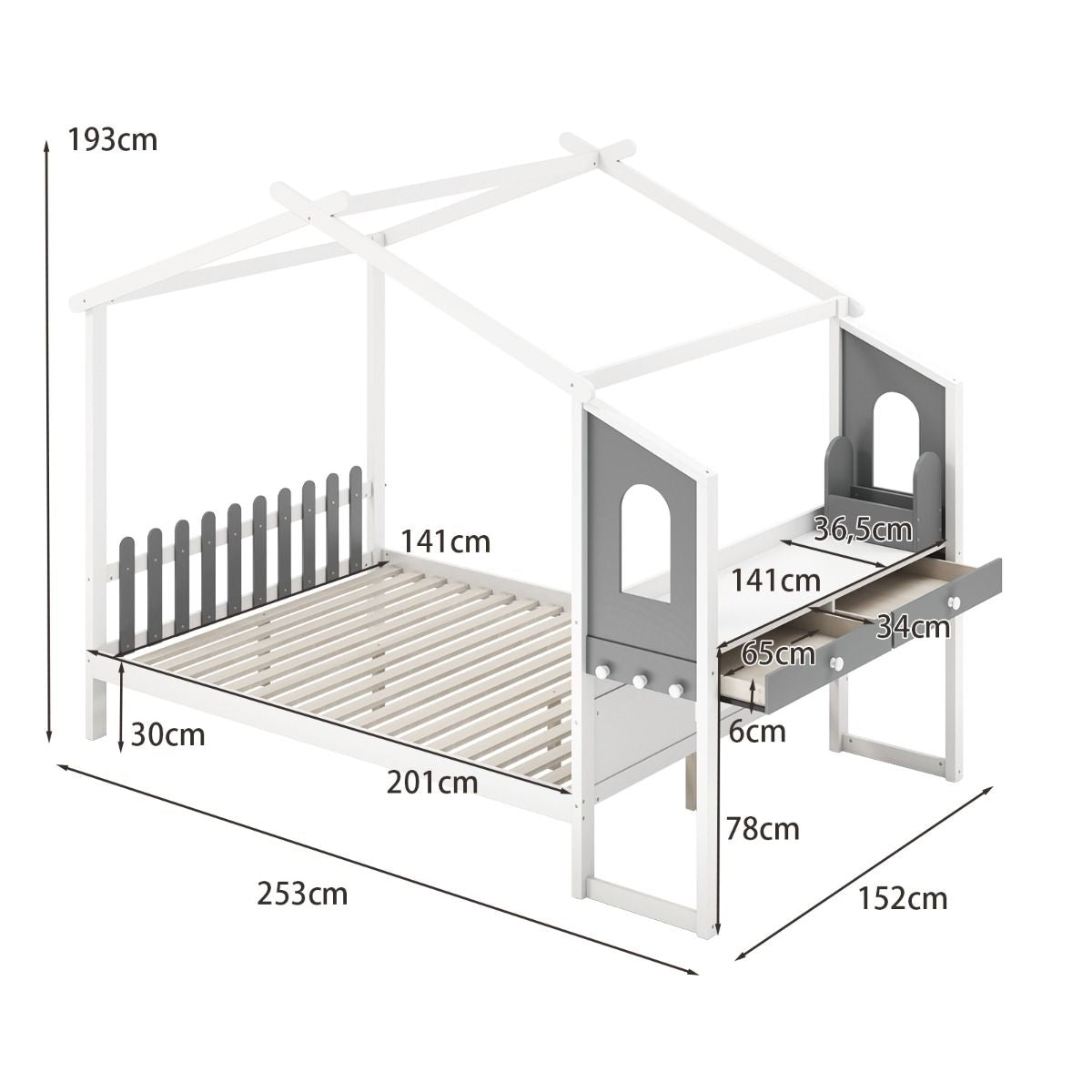 Lit Maison avec Bureau Intégré, Rangements et Tête de Lit Clôture