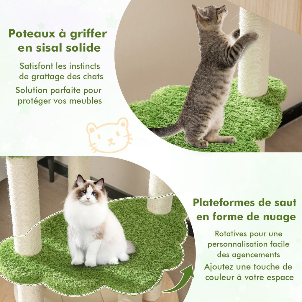 Arbre à chat multi-niveaux avec cabane, hamac et plateformes nuage