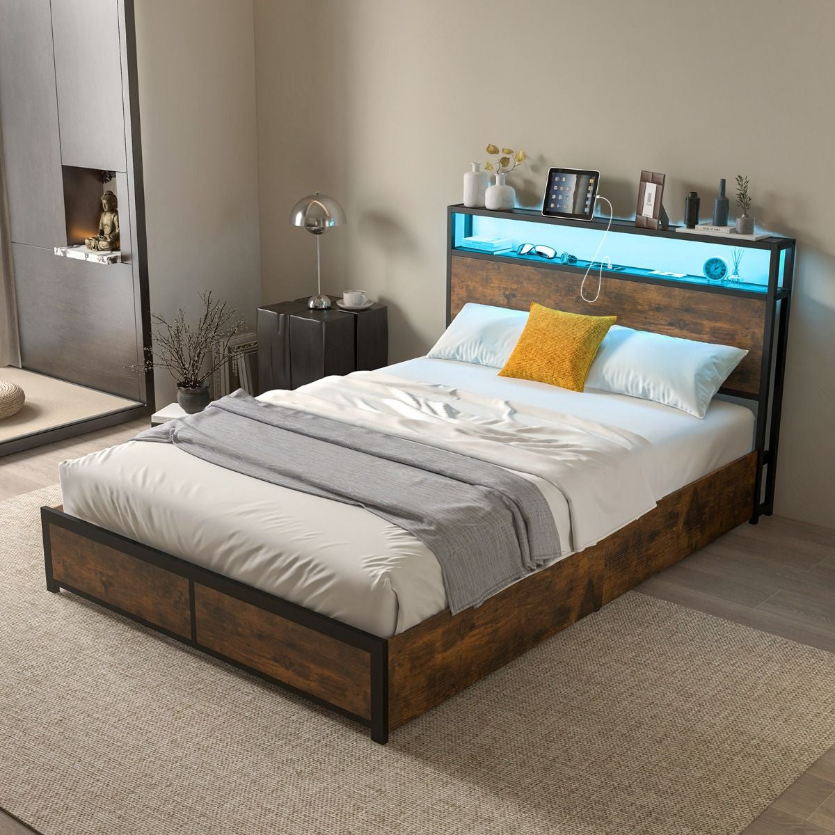 Lit Double LED avec Tête de Lit Bibliothèque et 4 Tiroirs
