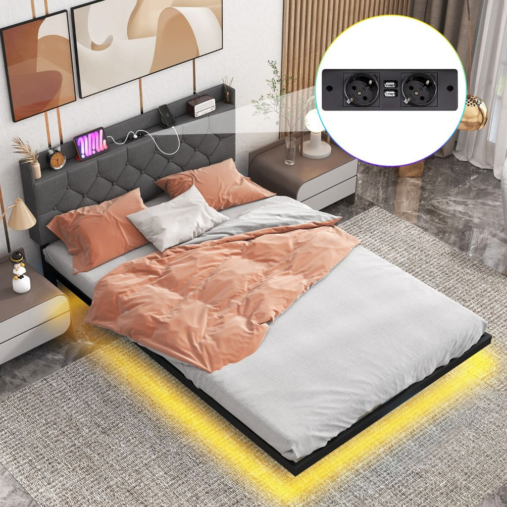Lit Plateforme Flottant avec LED, Tête de Lit Rembourrée et Prises Intégrées
