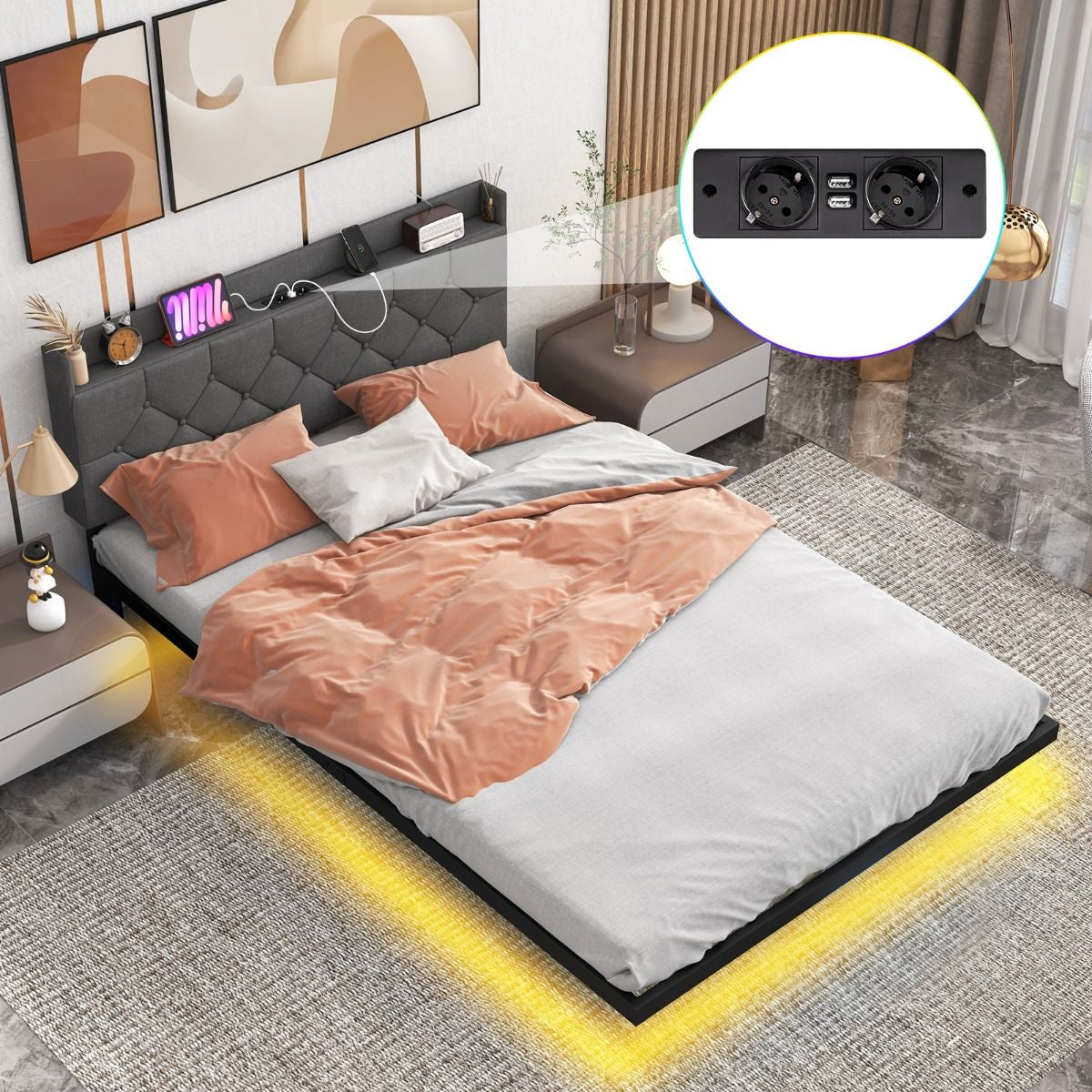 Lit Plateforme Flottant avec LED, Tête de Lit Rembourrée et Prises Intégrées