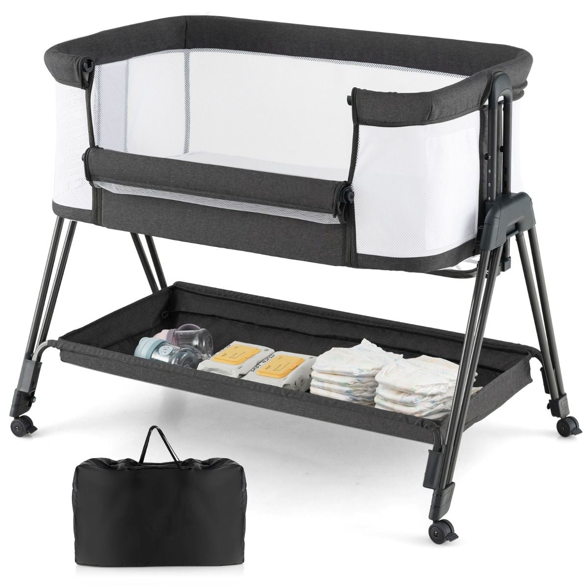 Lit Cododo Bébé Réglable 7 Positions avec Matelas, Roues et Rangement