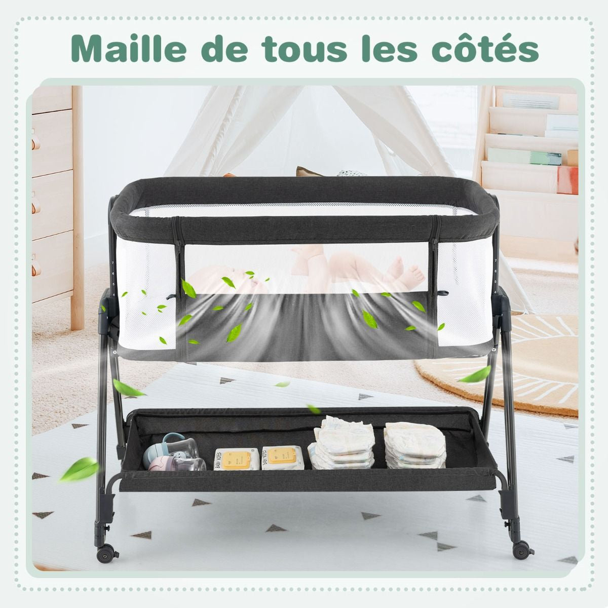 Lit Cododo Bébé Réglable 7 Positions avec Matelas, Roues et Rangement