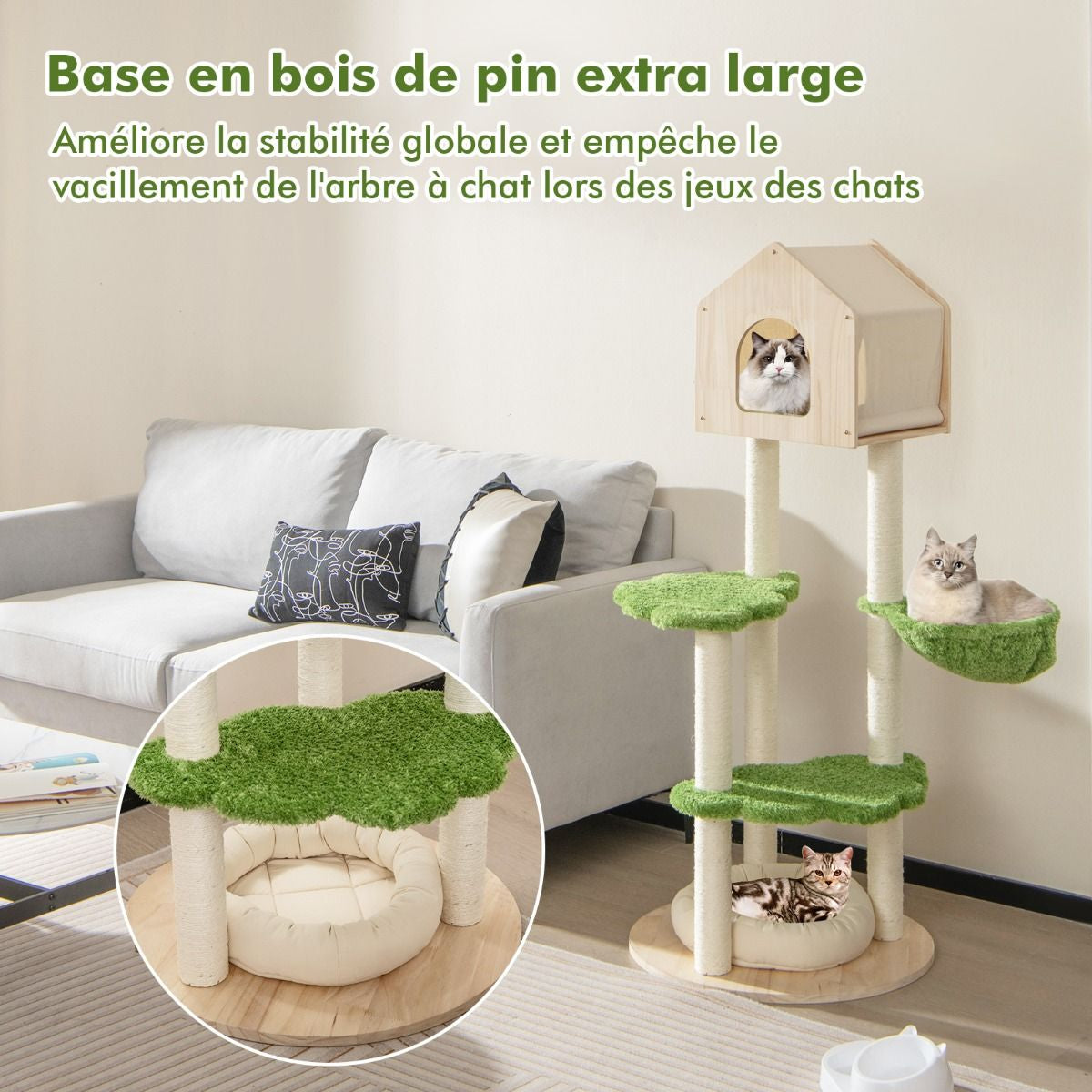 Arbre à chat multi-niveaux avec cabane, hamac et plateformes nuage