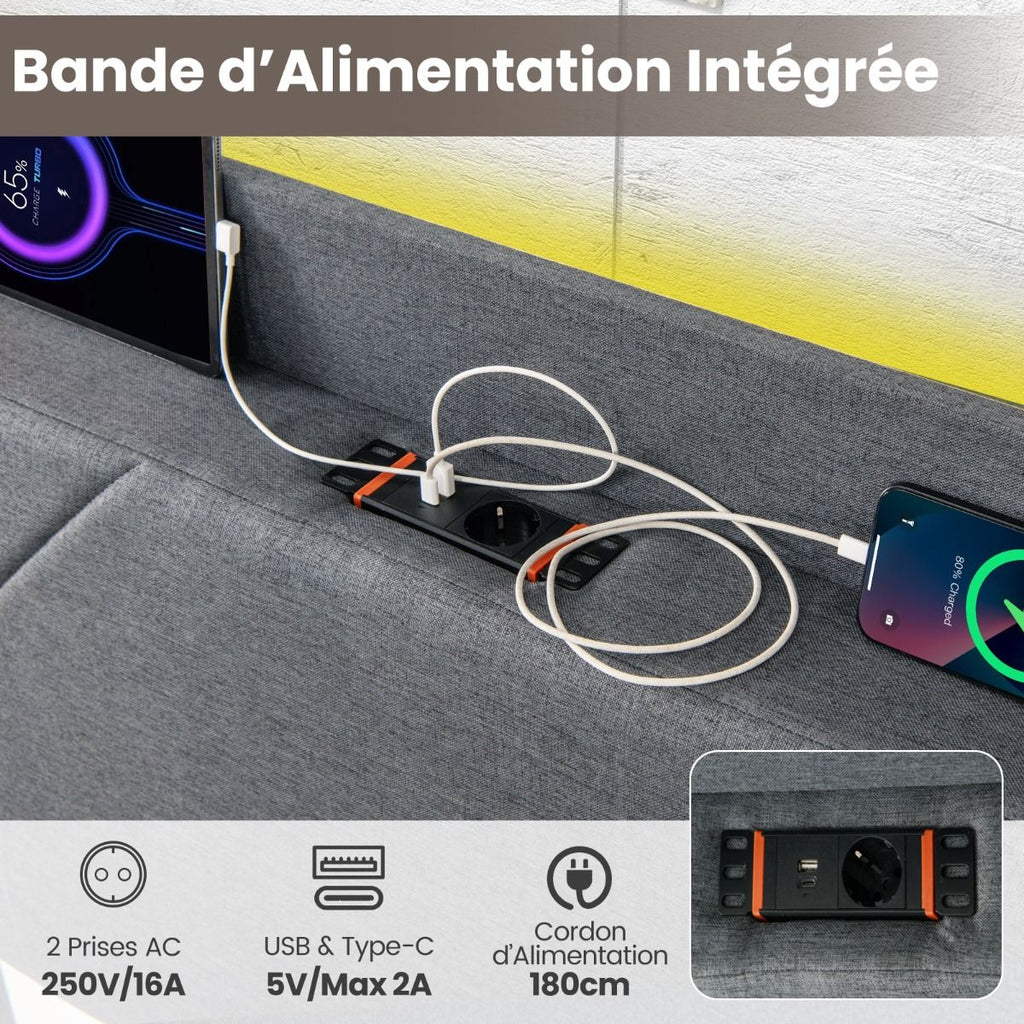 Lit Rembourré LED avec Tête de Lit à Ailes, Station de Charge et 4 Tiroirs