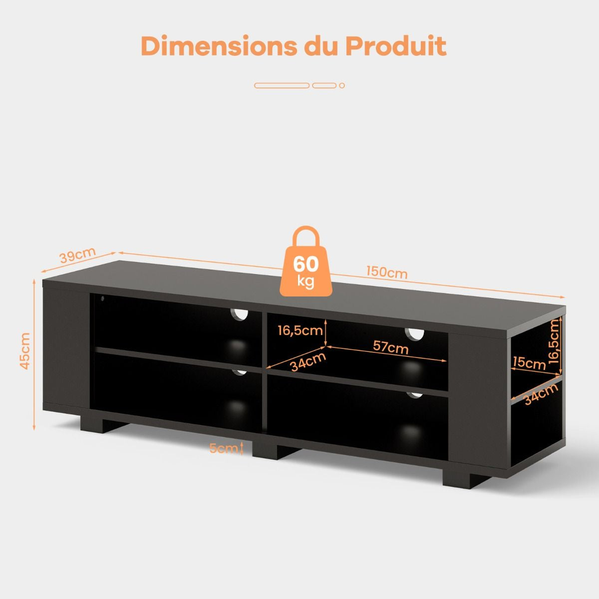 Meuble TV avec Rangements et Étagère Réglable /  150cm