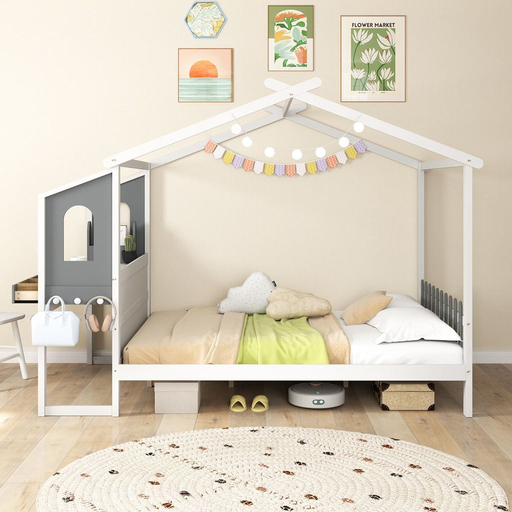 Lit Maison avec Bureau Intégré, Rangements et Tête de Lit Clôture