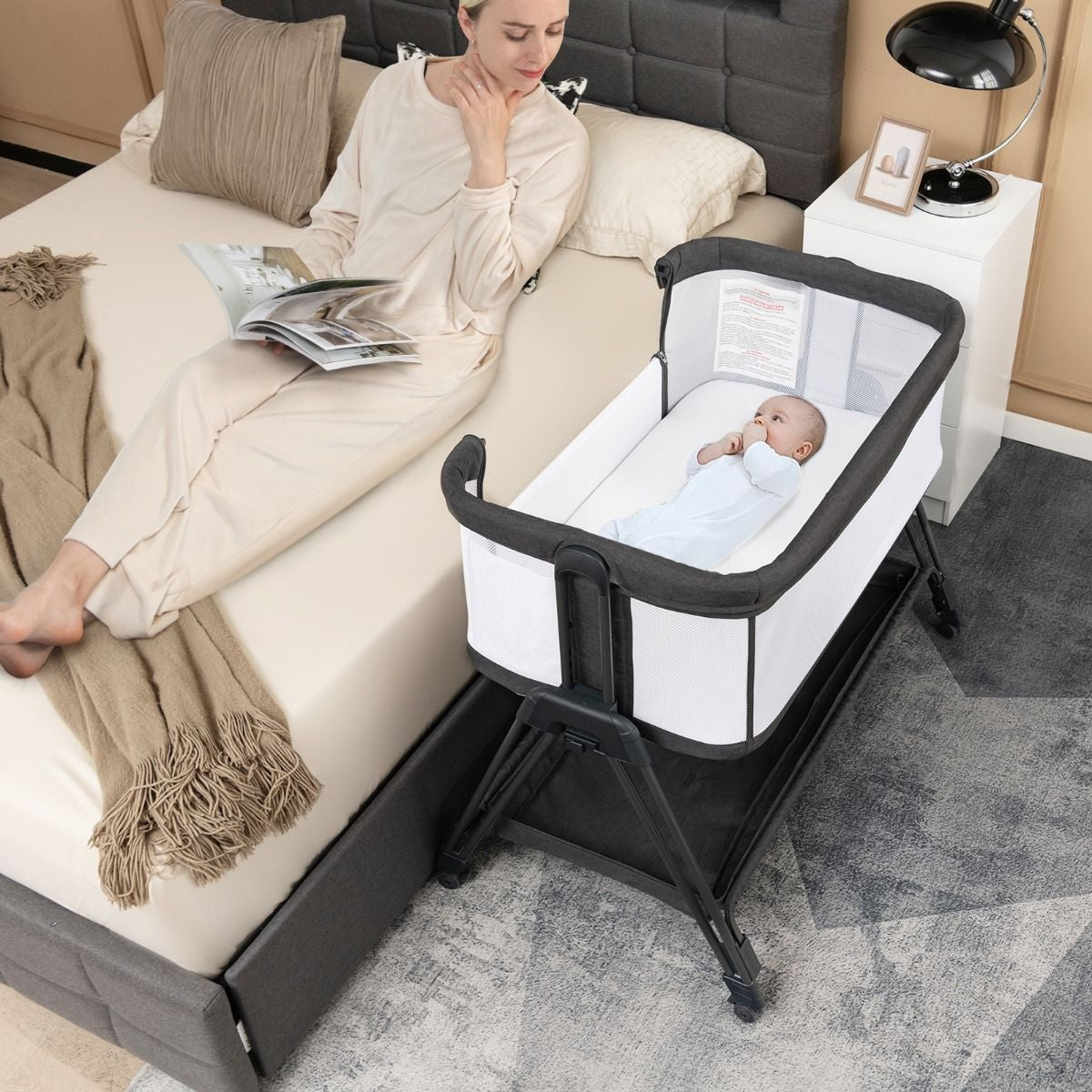 Lit Cododo Bébé Réglable 7 Positions avec Matelas, Roues et Rangement