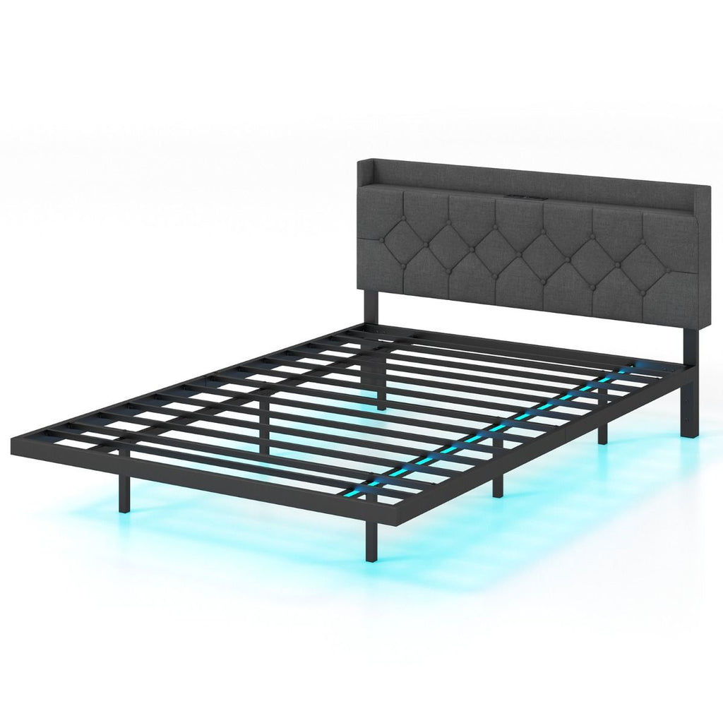 Lit Plateforme Flottant avec LED, Tête de Lit Rembourrée et Prises Intégrées