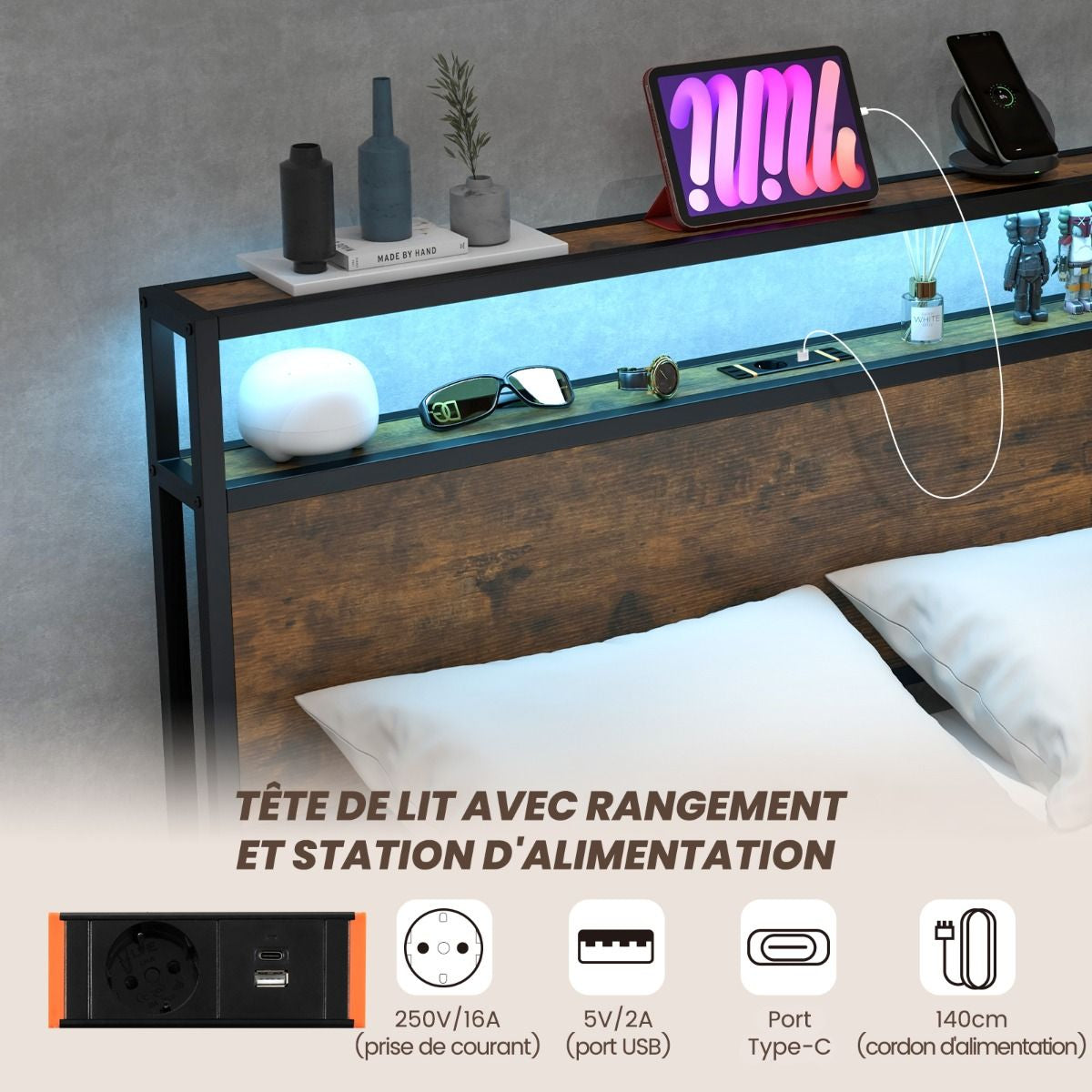 Lit Double LED avec Tête de Lit Bibliothèque et 4 Tiroirs
