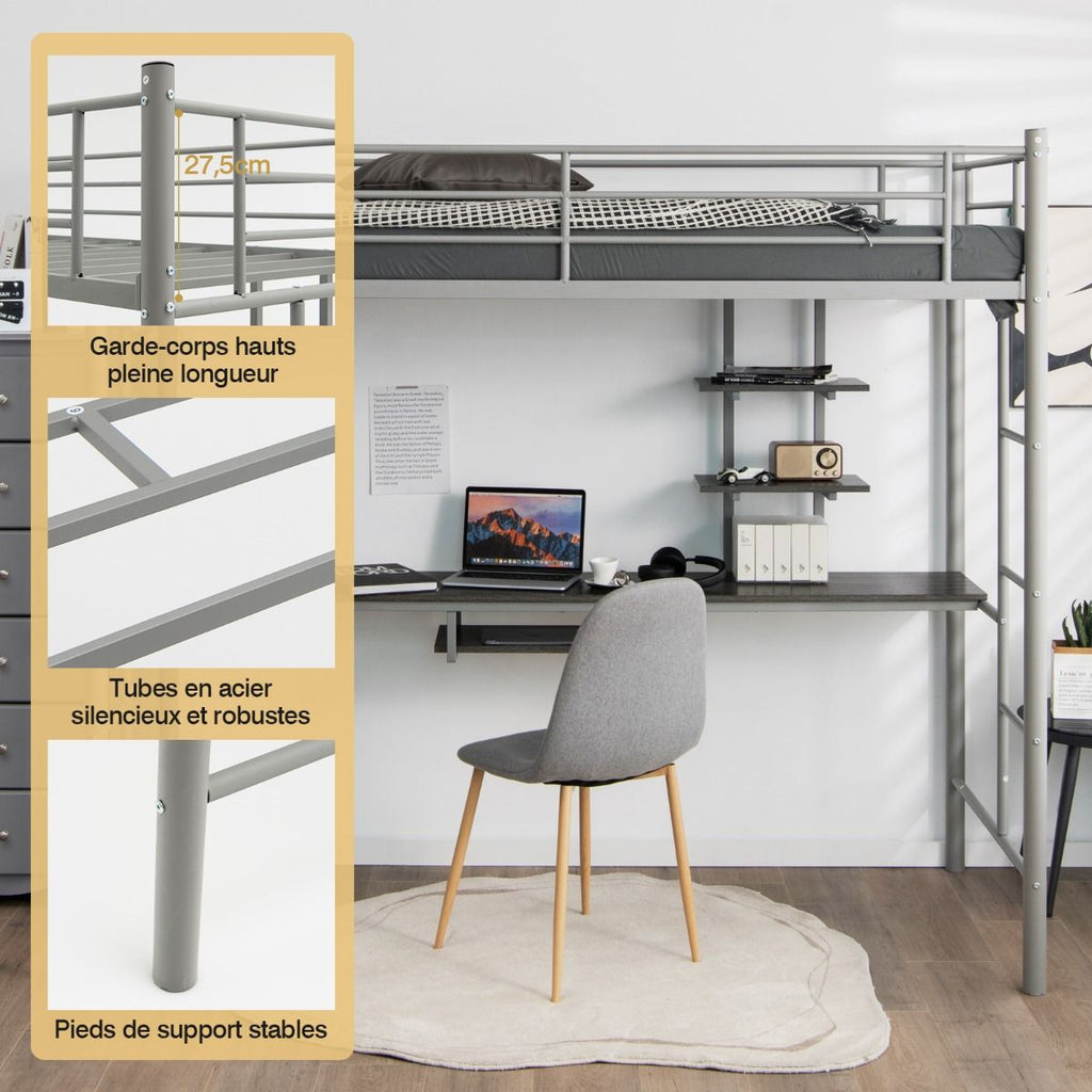 Lit Mezzanine En Métal Avec Bureau et  Etagères 