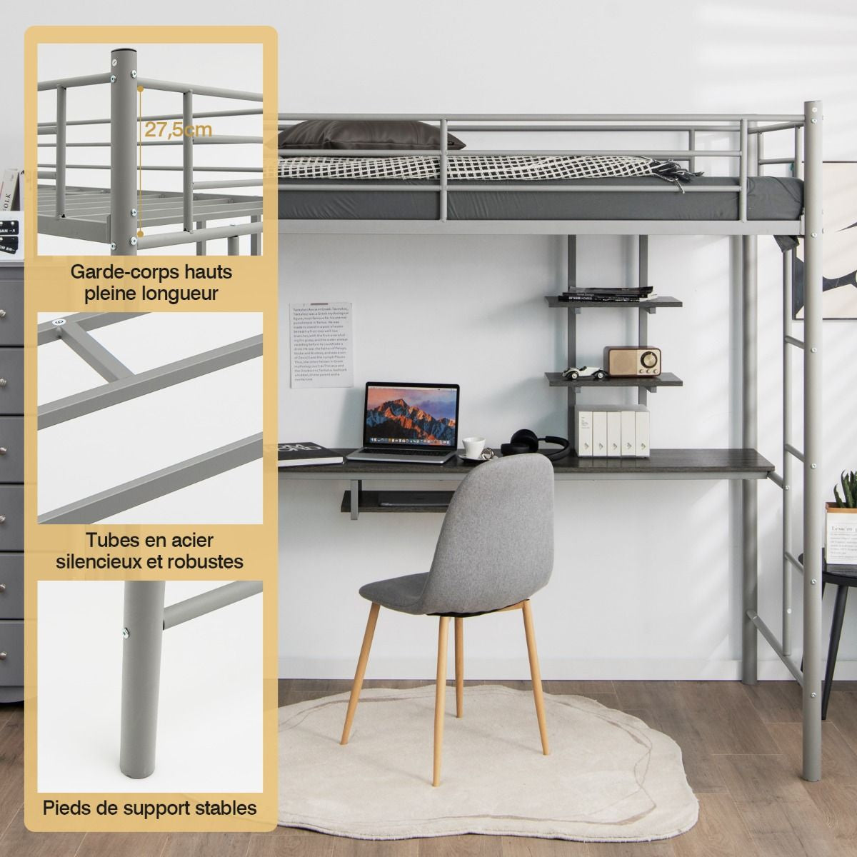 Lit Mezzanine En Métal Avec Bureau et  Etagères 