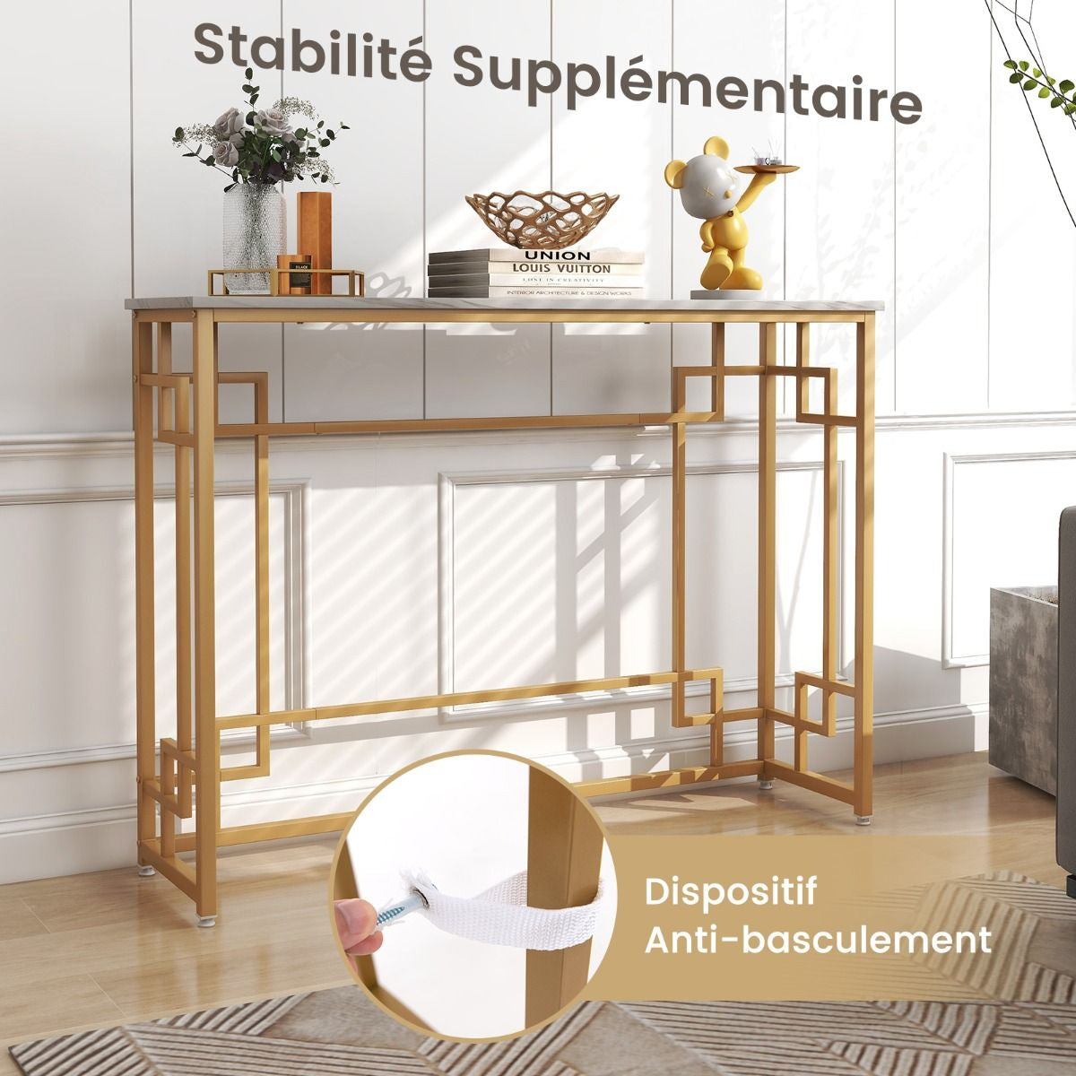 able Console en Faux Marbre Blanc et Métal Doré