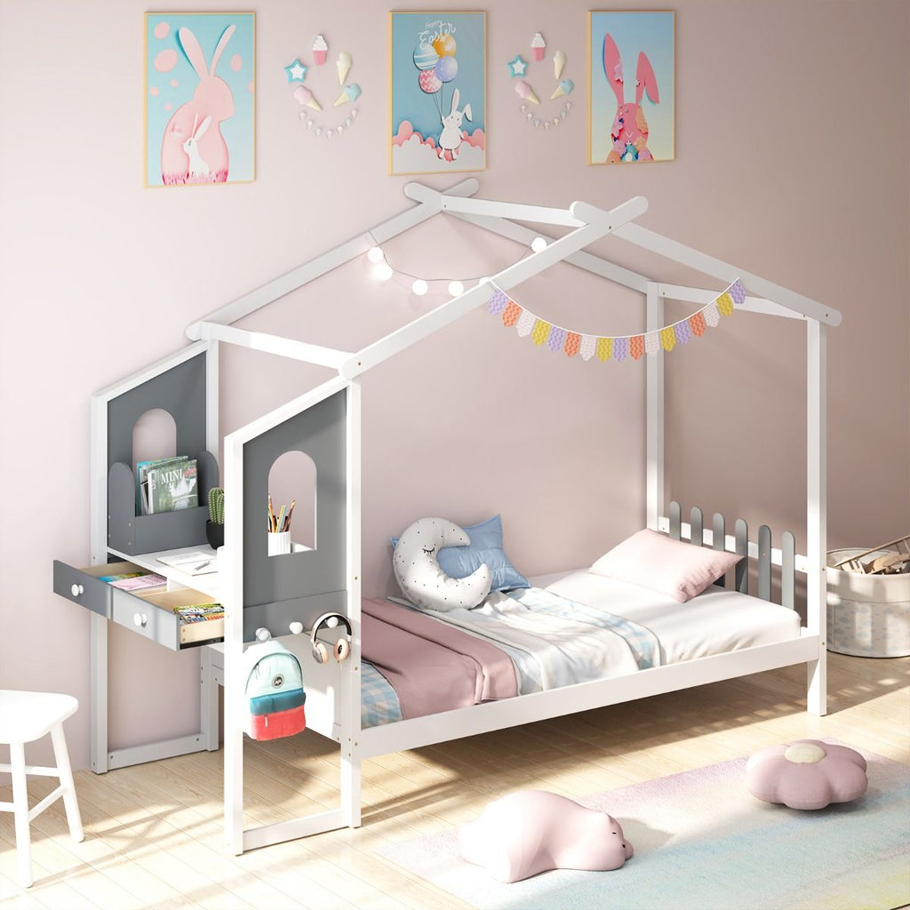 Lit Maison avec Bureau Intégré, Rangements et Tête de Lit Clôture