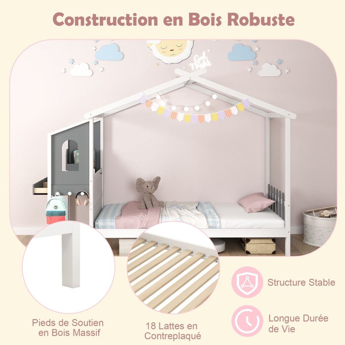 Lit Maison avec Bureau Intégré, Rangements et Tête de Lit Clôture