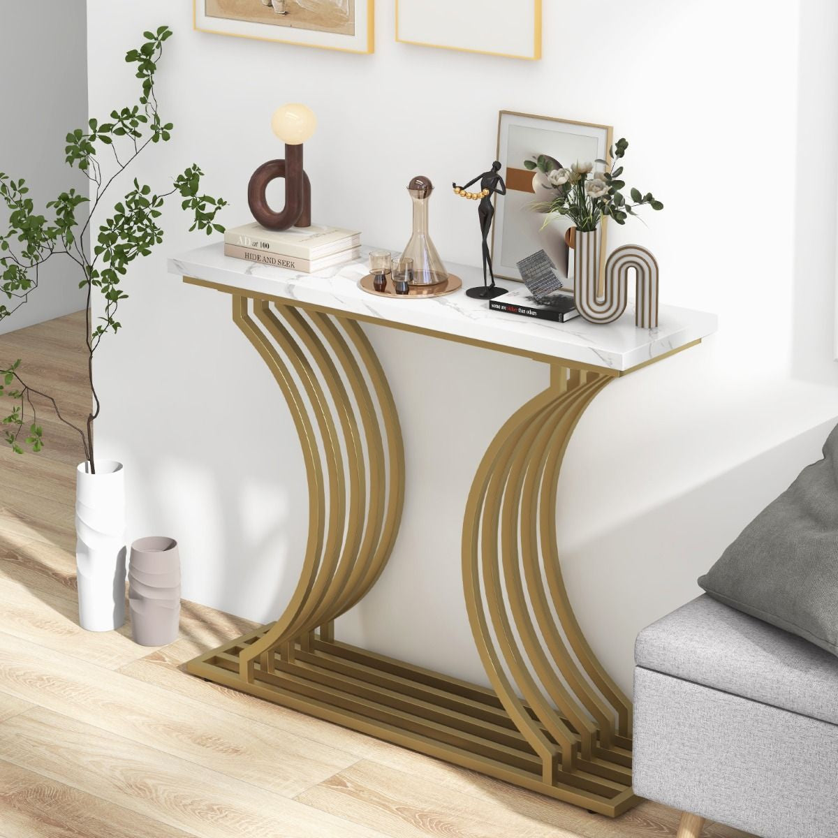 Table Console Marbre Cadre En Métal Doré 