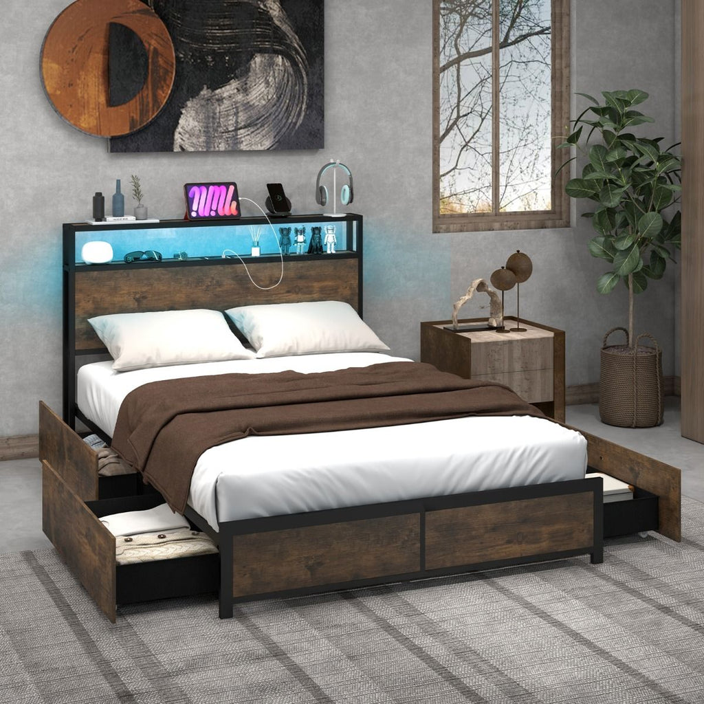 Lit Double LED avec Tête de Lit Bibliothèque et 4 Tiroirs