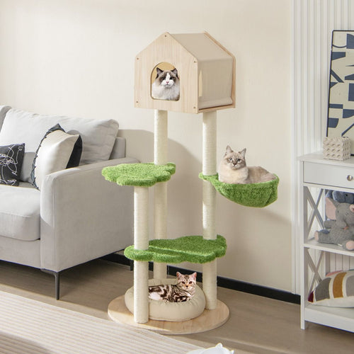 Arbre à chat multi-niveaux avec cabane, hamac et plateformes nuage