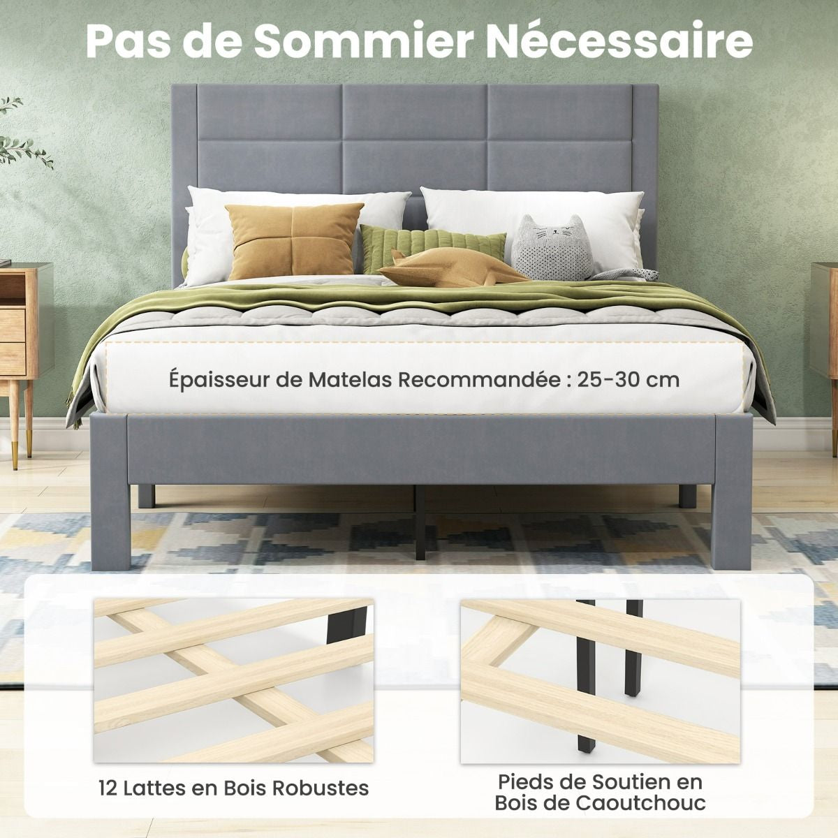 Lit Double Rembourré en Velours avec Tête de Lit