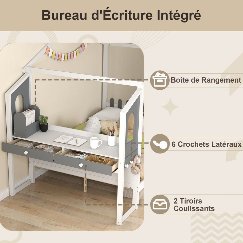 Lit Maison avec Bureau Intégré, Rangements et Tête de Lit Clôture