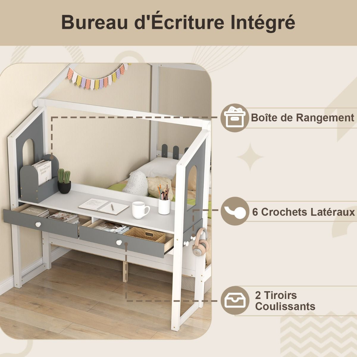 Lit Maison avec Bureau Intégré, Rangements et Tête de Lit Clôture