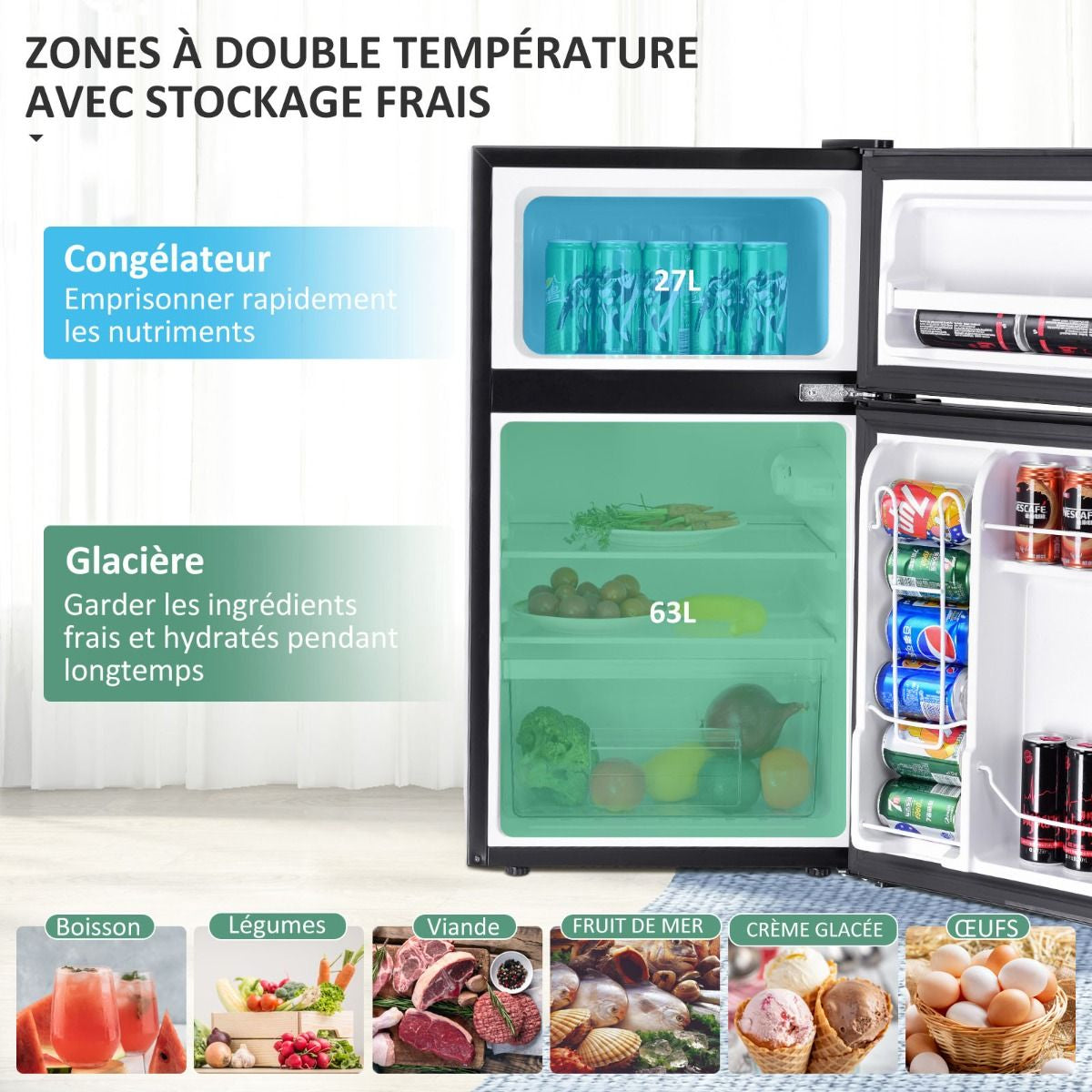Réfrigérateur Compact 90 L à 2 Portes avec Congélateur Séparé