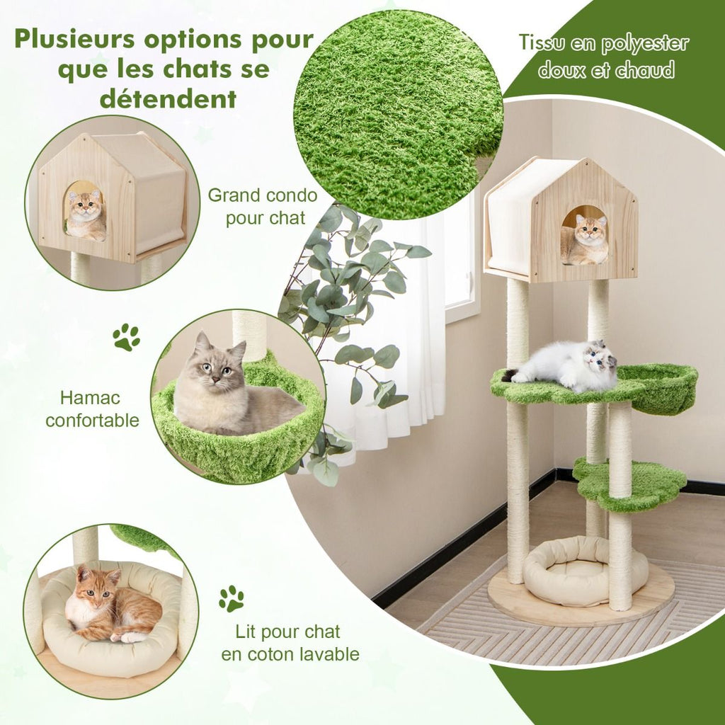 Arbre à chat multi-niveaux avec cabane, hamac et plateformes nuage