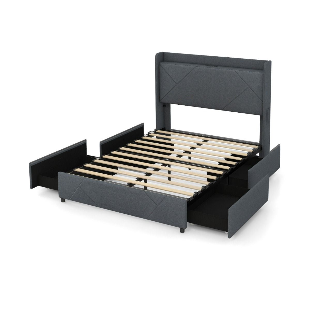 Lit Rembourré LED avec Tête de Lit à Ailes, Station de Charge et 4 Tiroirs
