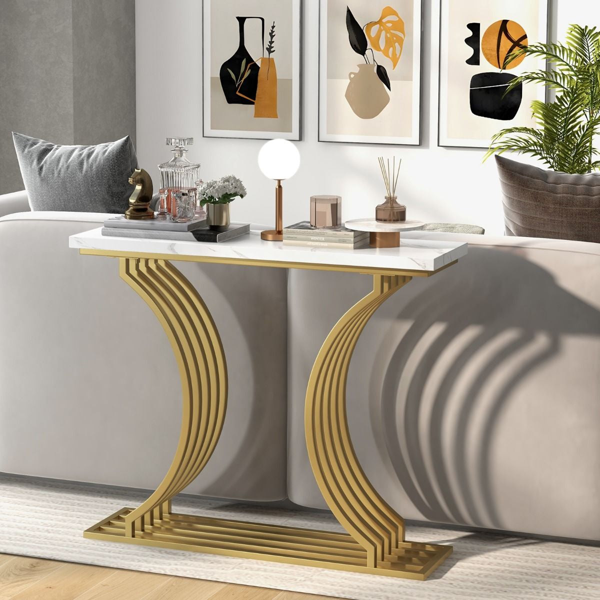 Table Console Marbre Cadre En Métal Doré 
